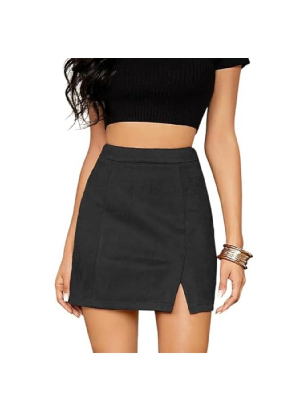 Womens High Waist Faux Suede Side Split Bodycon Mini Skirt